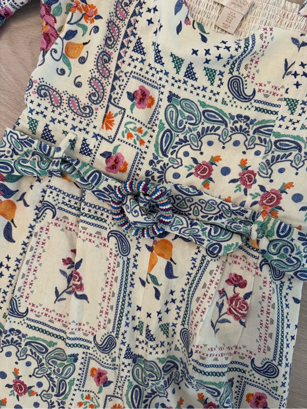 Caroline Constas Cream Patchwork Romper with Blue Accents and beaded belt - Picture 3 of 6